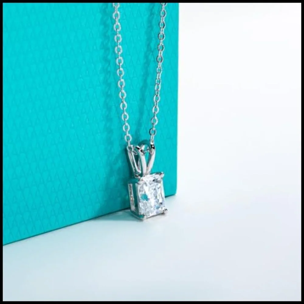 14K White Gold 2 CT Moissanite Pendant Necklace 925 Sterling Silver Radiant Cut
